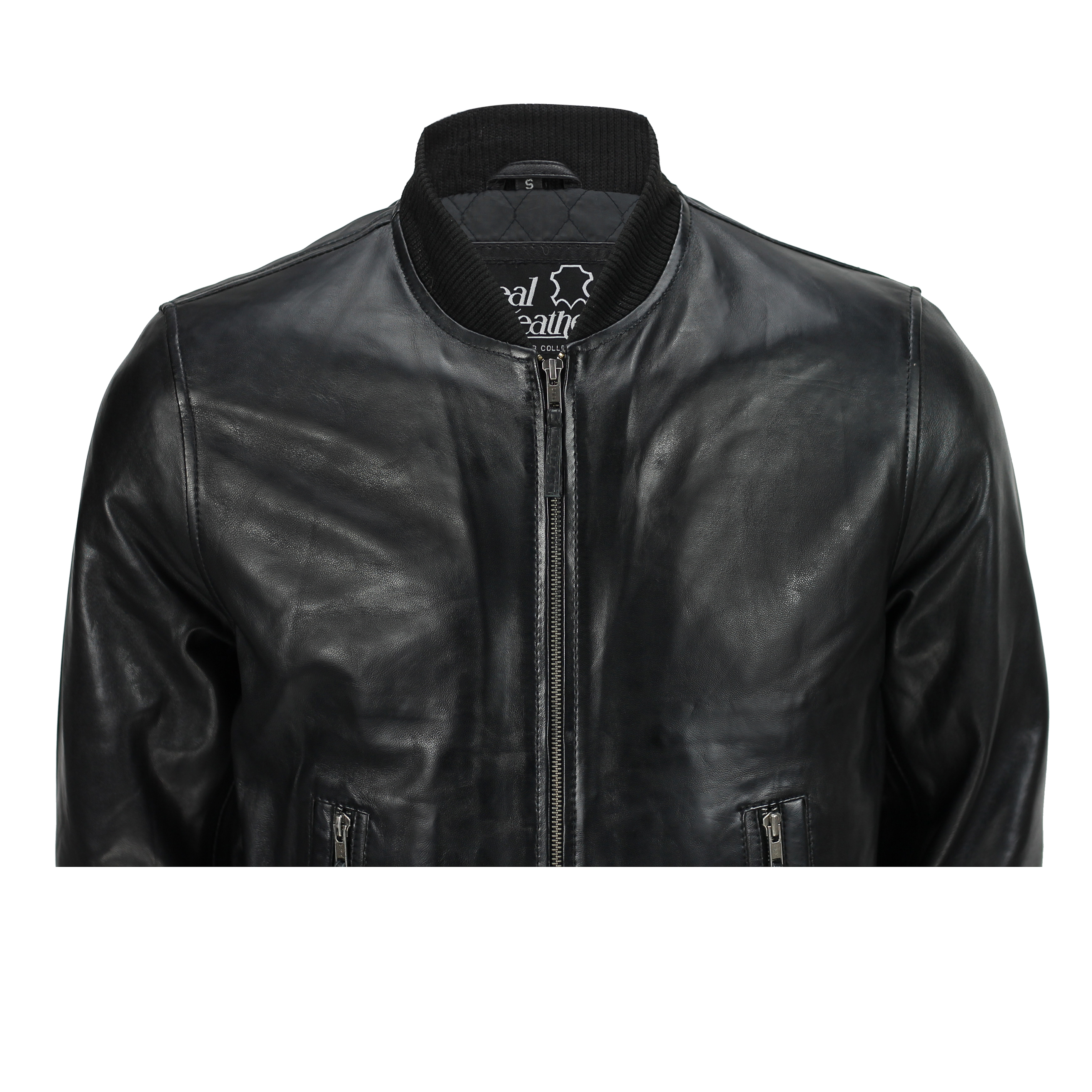 Mens Black Soft Real Leather Vintage Collar Bomber Style Biker Jacket All Sizes